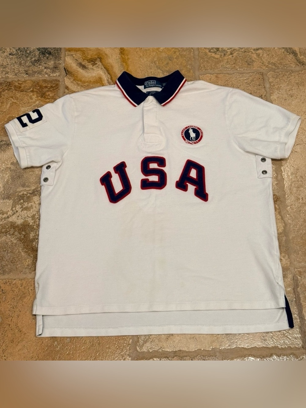 Polo by Ralph Lauren White Polo with Navy & Red USA Appliqué
